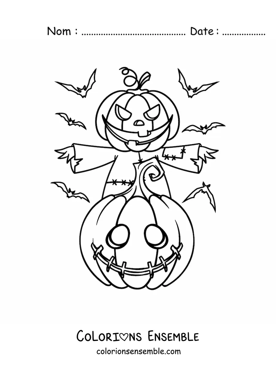 Image à colorier d’un épouvantail avec une citrouille d’Halloween et des chauves-souris