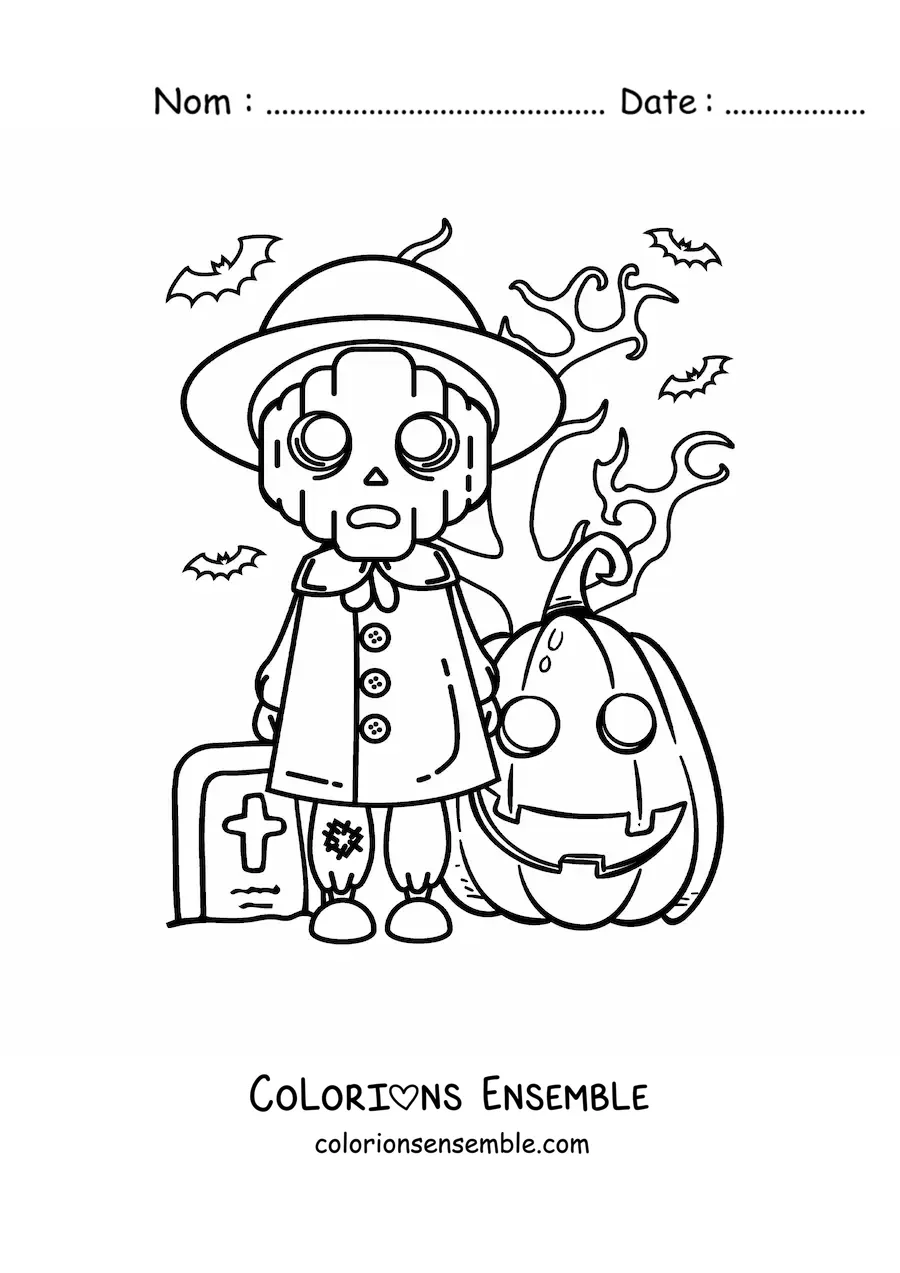 Image à colorier d’un monstre d’Halloween effrayant avec une citrouille et des chauves-souris