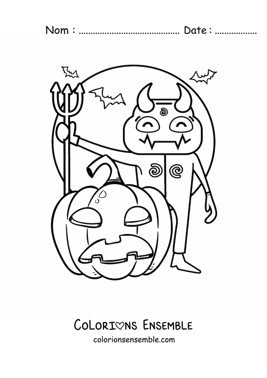 Image à colorier d’un diable d’Halloween effrayant avec une citrouille et des chauves-souris