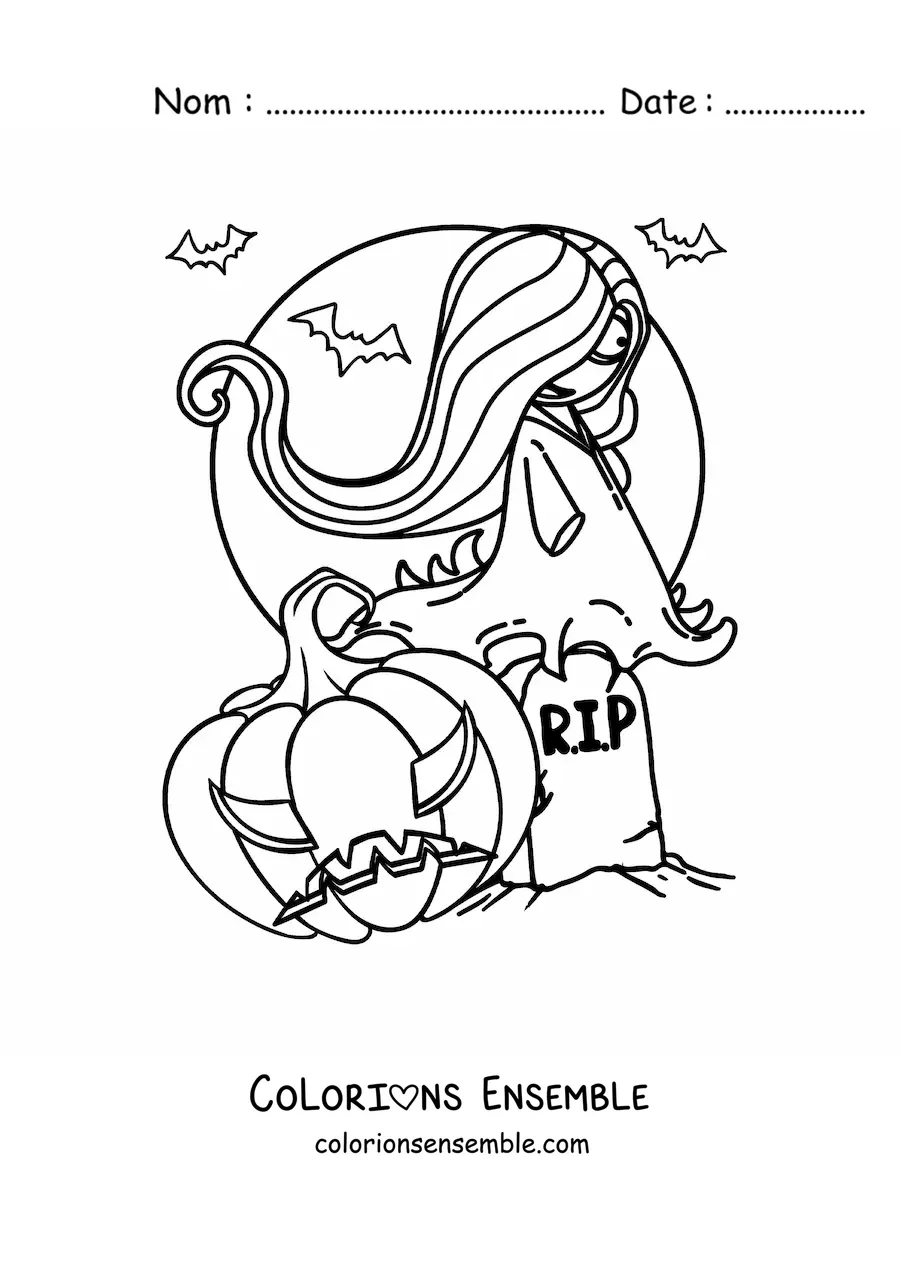 Image à colorier d’un fantôme d’Halloween effrayant avec une citrouille et des chauves-souris