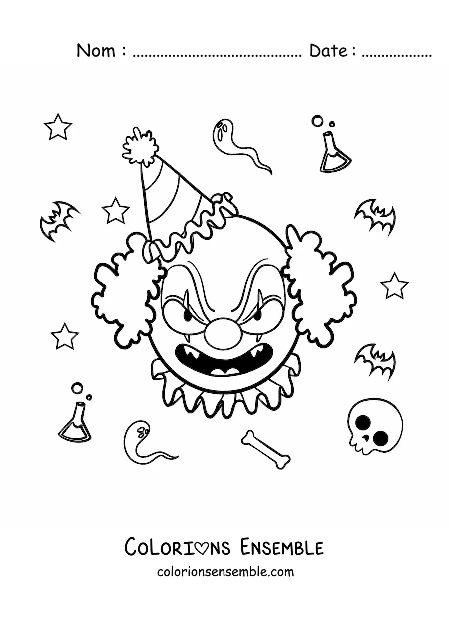 Image à colorier d’un visage de clown effrayant d’Halloween