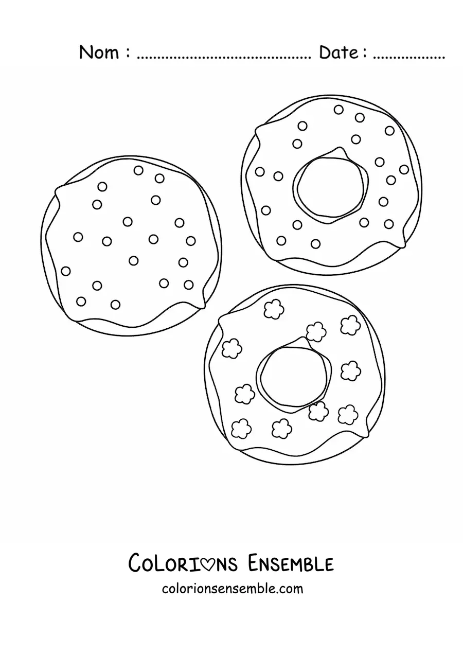 Image à colorier de trois donuts aux saveurs différentes