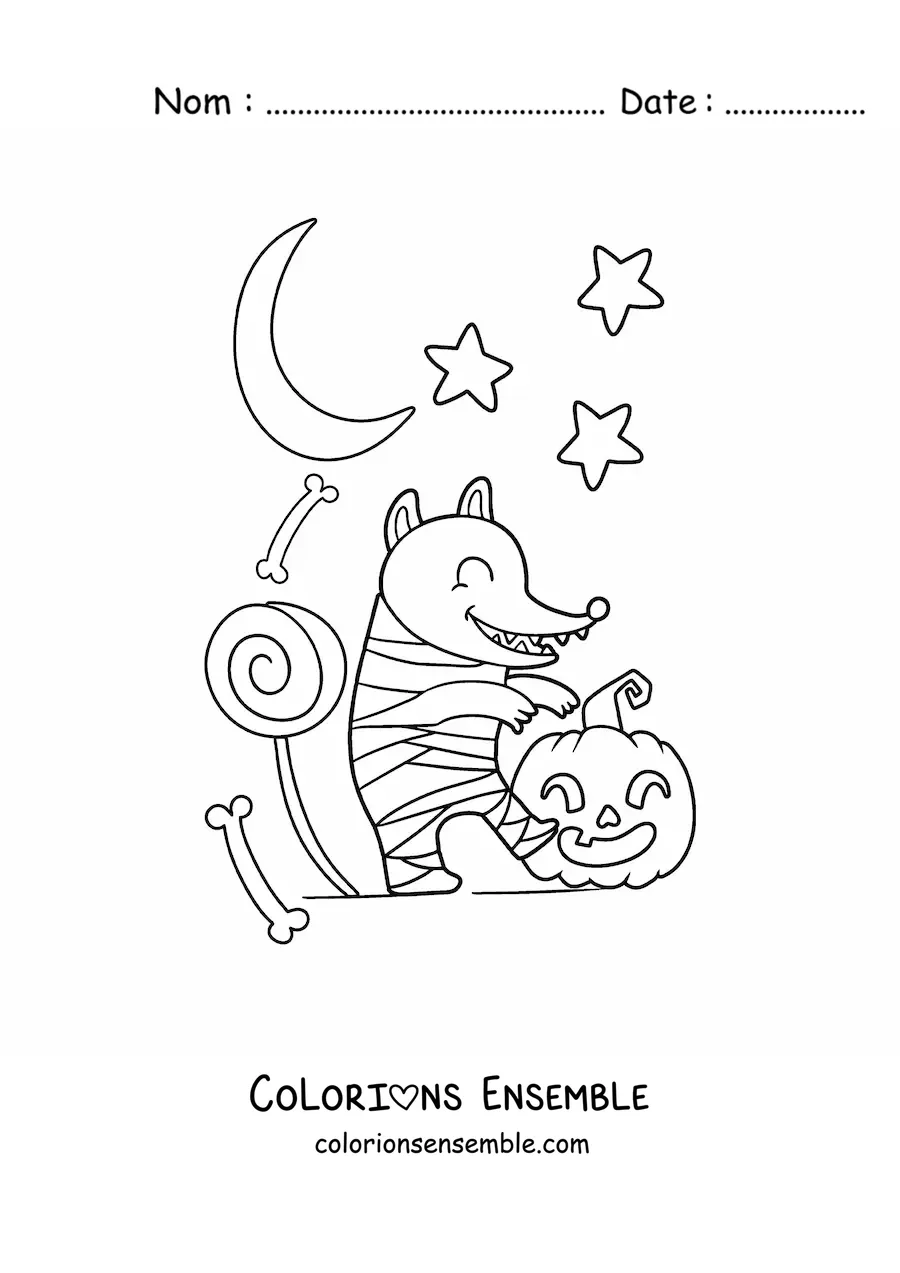 Image à colorier d’un opossum momie kawaii d’Halloween