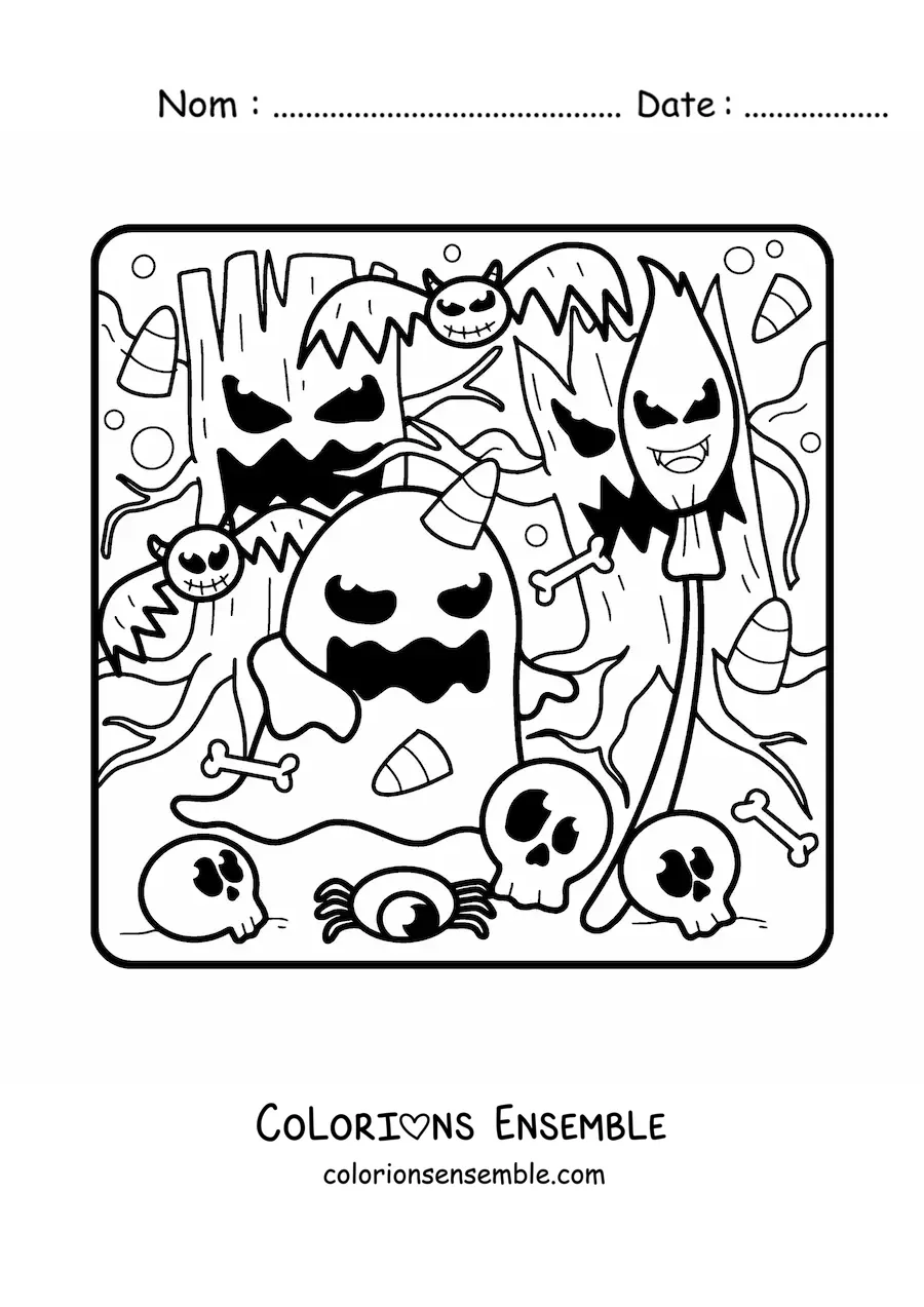 Image à colorier d’un fantôme et d’arbres d’Halloween
