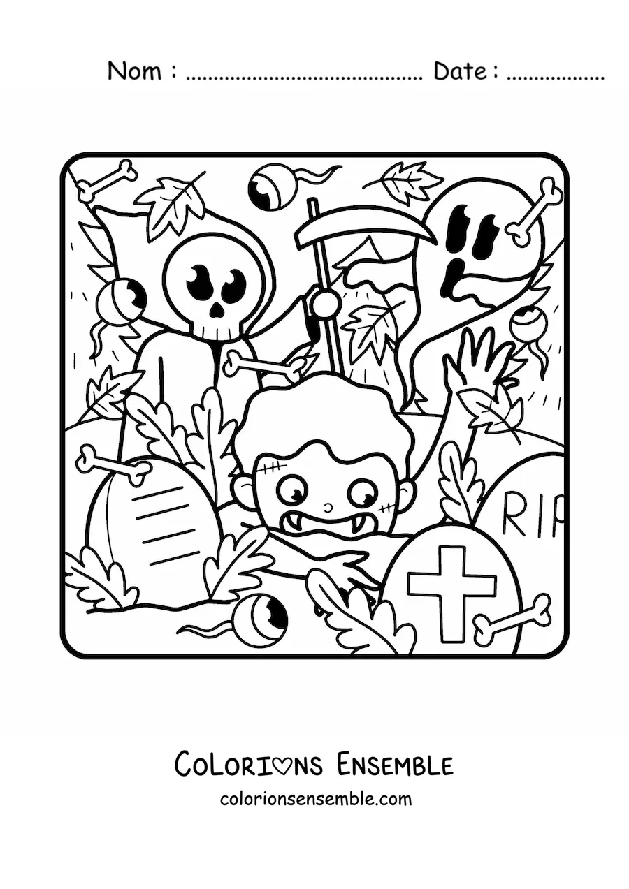 Image à colorier de la mort avec un fantôme et un zombie d’Halloween qui font peur à un enfant