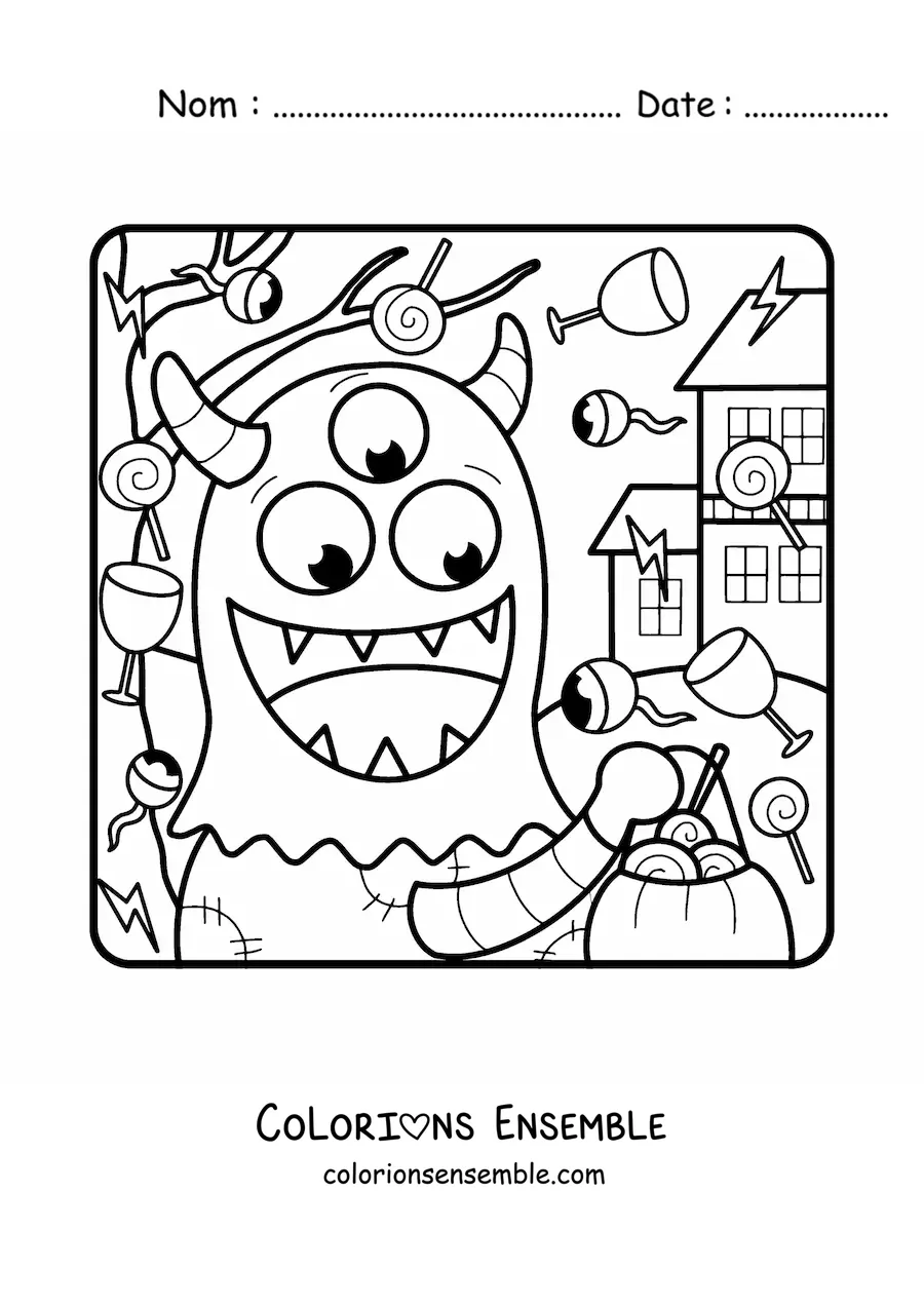 Image à colorier d’un monstre rigolo avec des bonbons d’Halloween