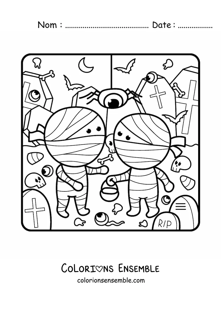 Image à colorier de momies kawaii d’Halloween