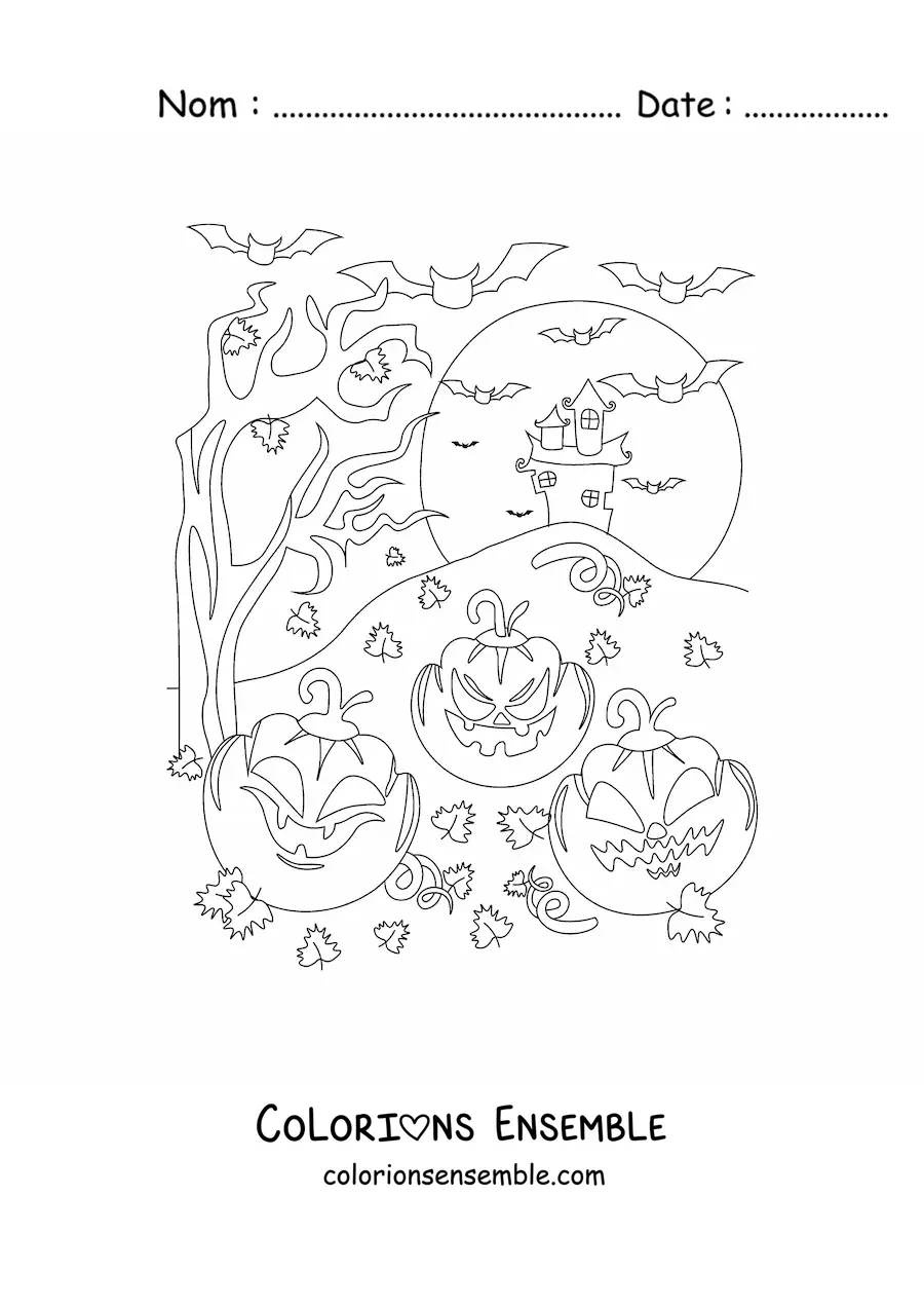 Image à colorier de citrouilles effrayantes d’Halloween avec un manoir hanté