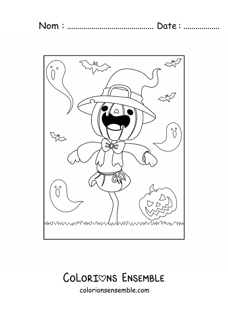 Image à colorier d’un épouvantail d’Halloween entouré de fantômes