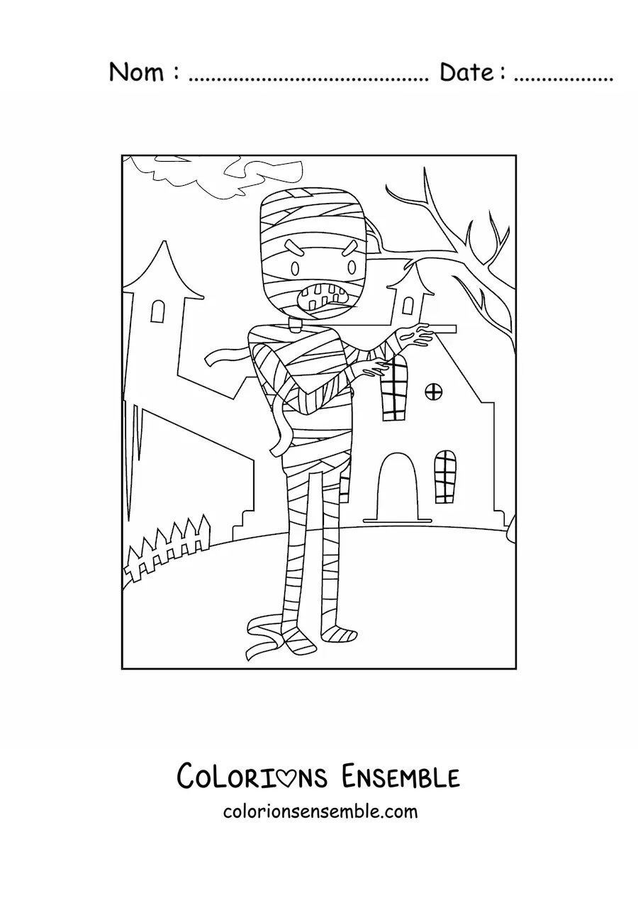 Image à colorier d’une momie d’Halloween devant une maison hantée