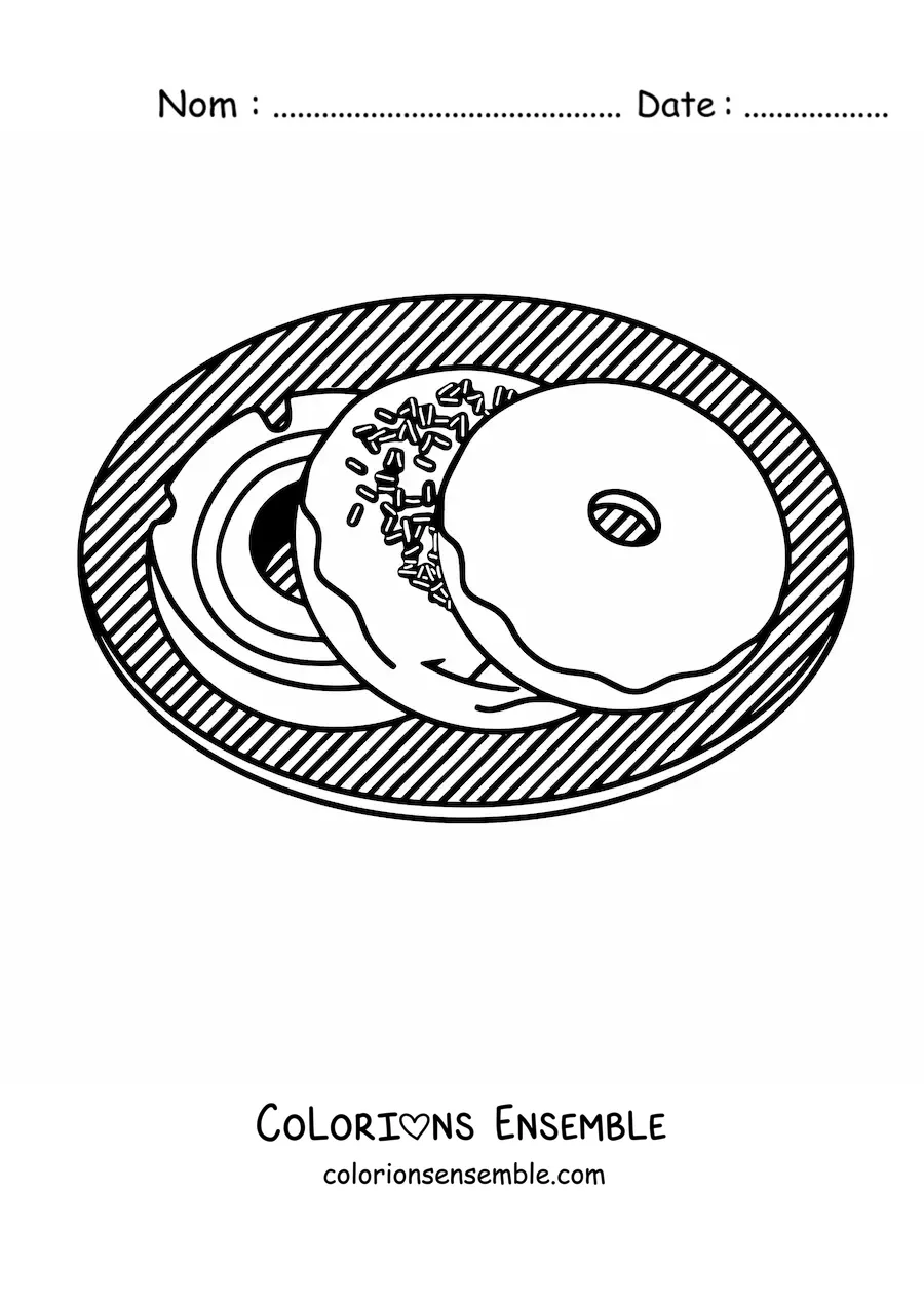 Image à colorier de trois donuts dans une assiette