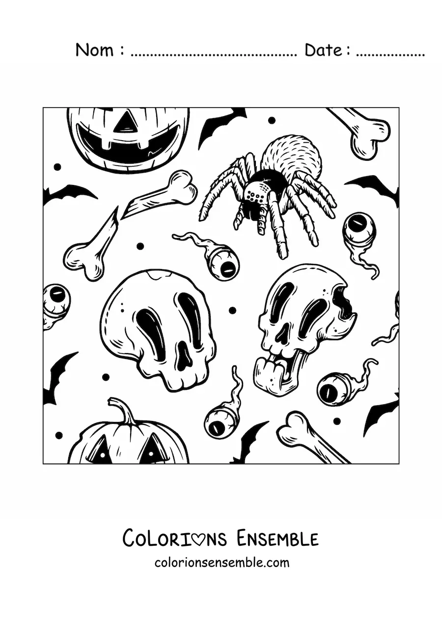 Image à colorier d’une araignée d’Halloween avec des crânes