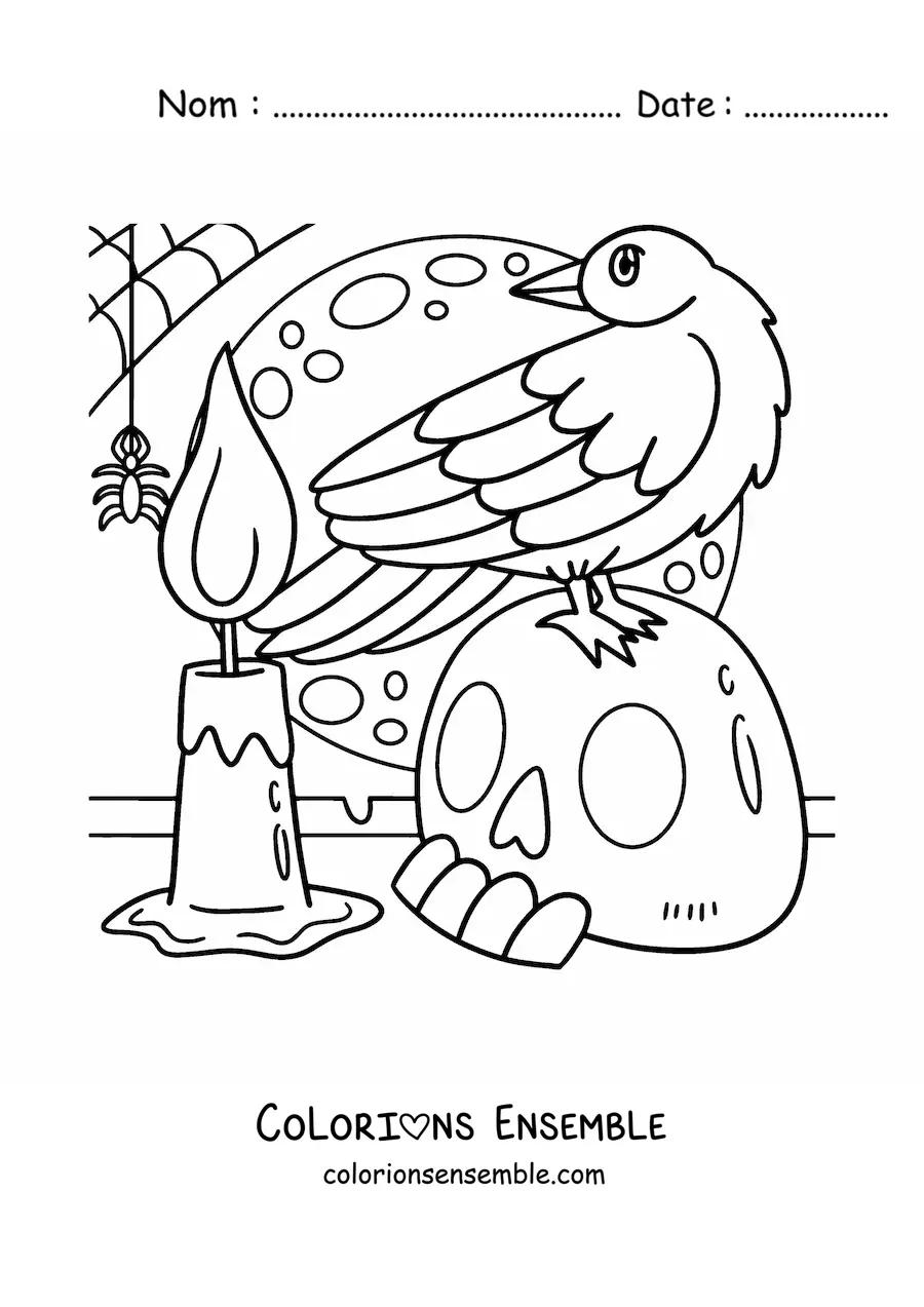 Image à colorier d’une araignée d’Halloween avec un corbeau et un crâne