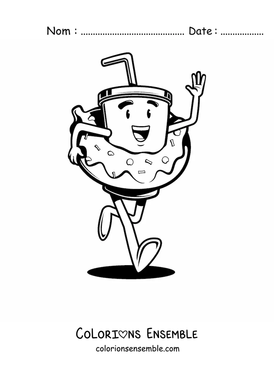Image à colorier d'un verre animé avec une paille qui court avec un donut