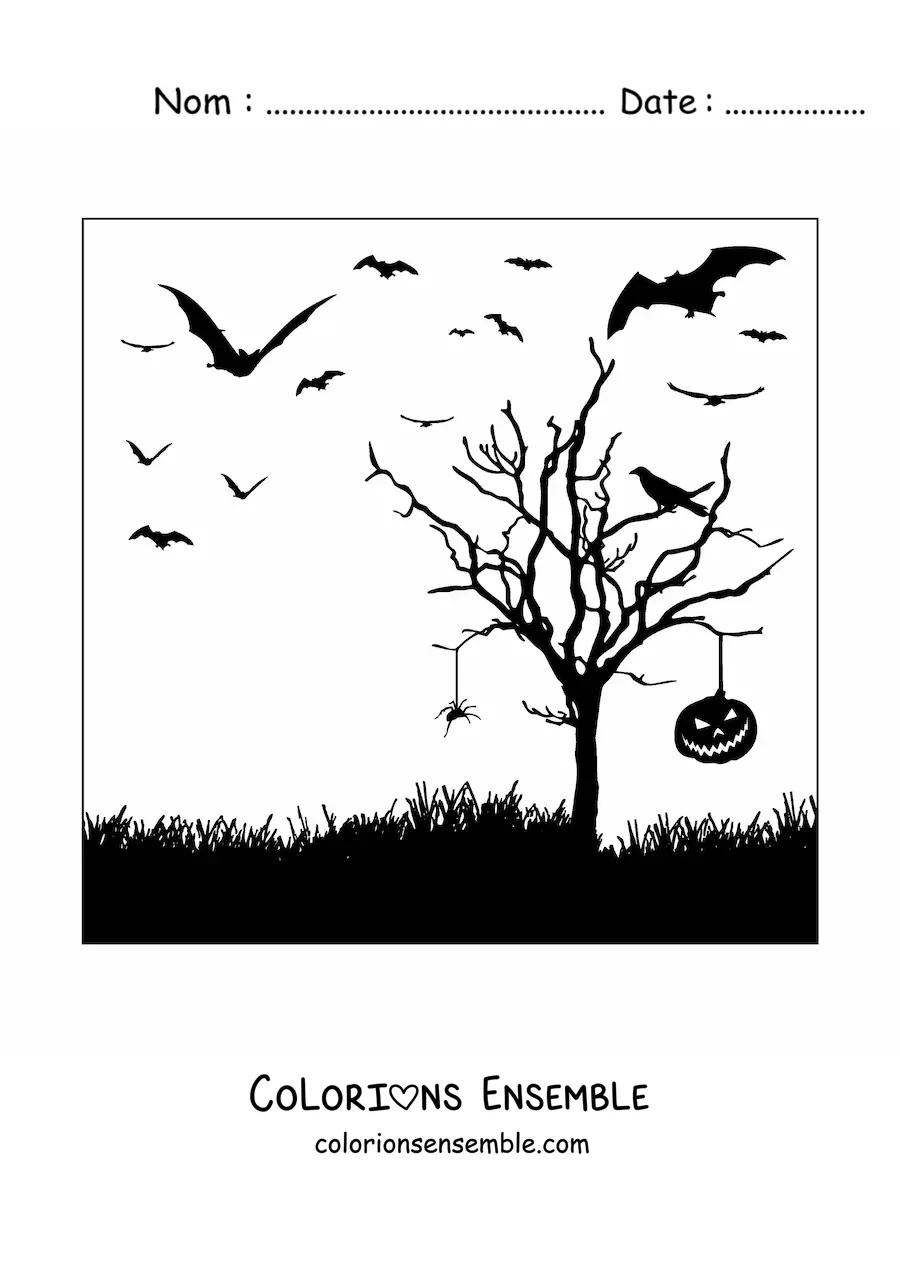 Image à colorier de la silhouette d’une araignée suspendue à un arbre pendant la nuit d’Halloween