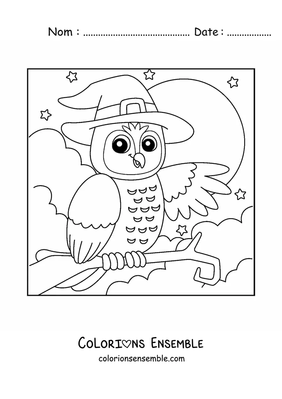 Image à colorier d’un hibou animé d’Halloween avec un chapeau de sorcière devant la Lune