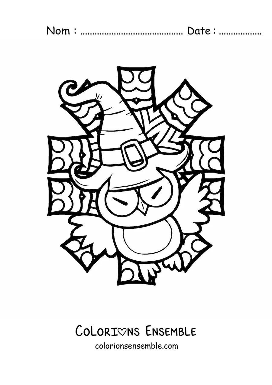 Image à colorier d’un dessin de hibou d’Halloween avec un chapeau de sorcière