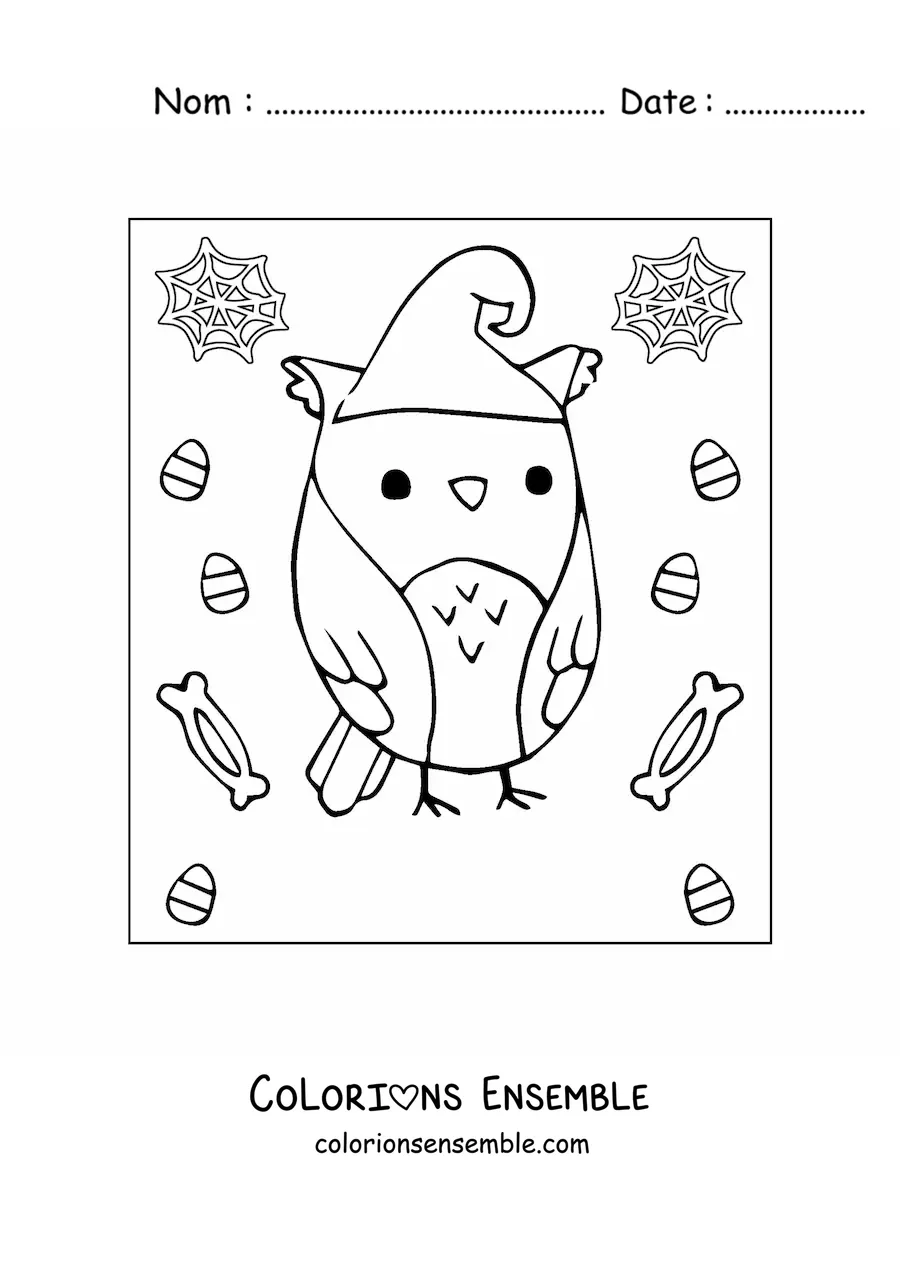 Image à colorier d’un hibou kawaii d’Halloween avec un chapeau