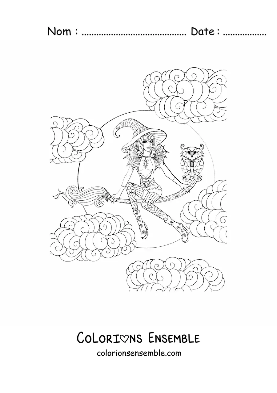 Image à colorier d’une jolie sorcière volant sur son balai avec un hibou à Halloween