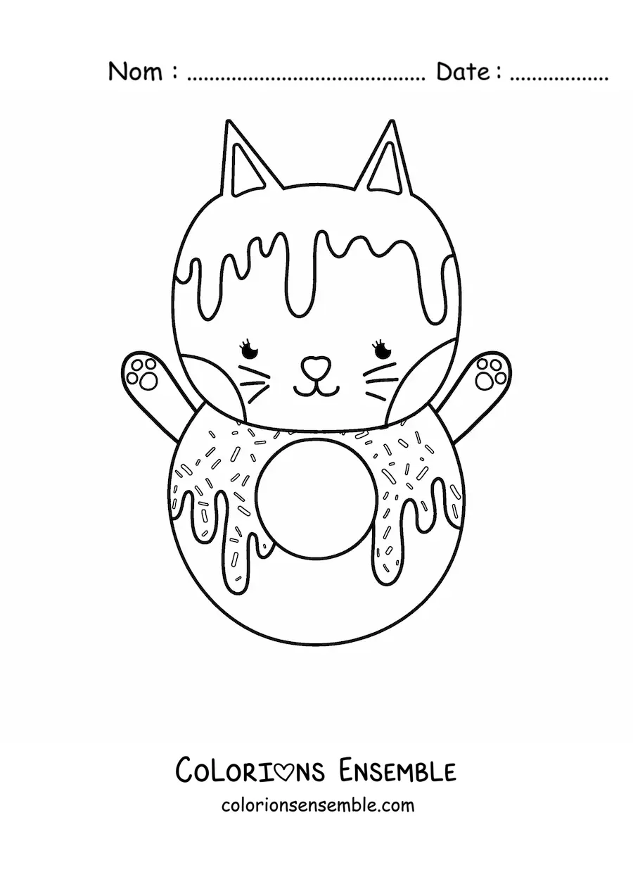 Image à colorier d'un chat animé en forme de donut kawaii