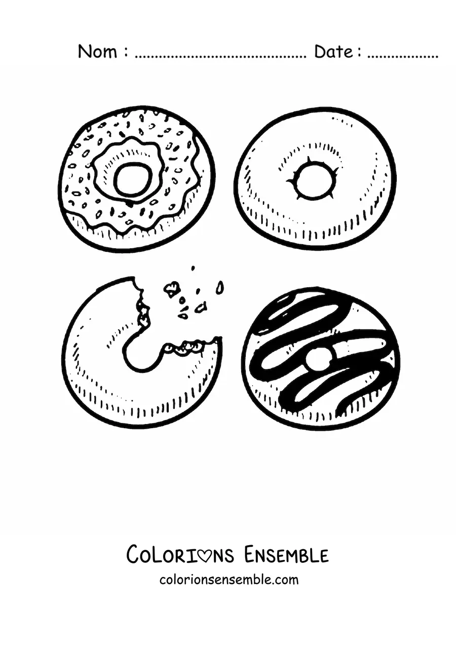 Image à colorier de quatre donuts variés