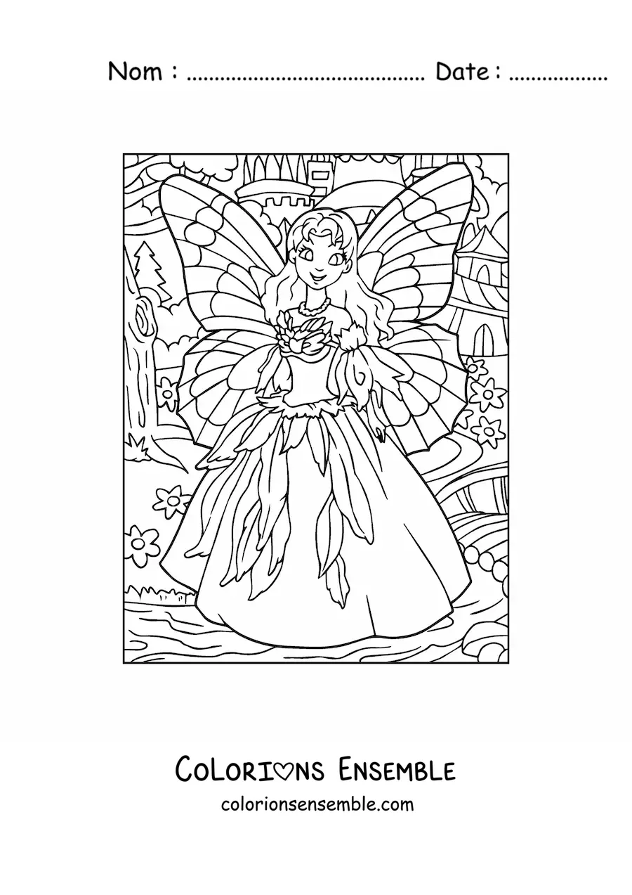 Image à colorier d’une jolie princesse fée dans la forêt