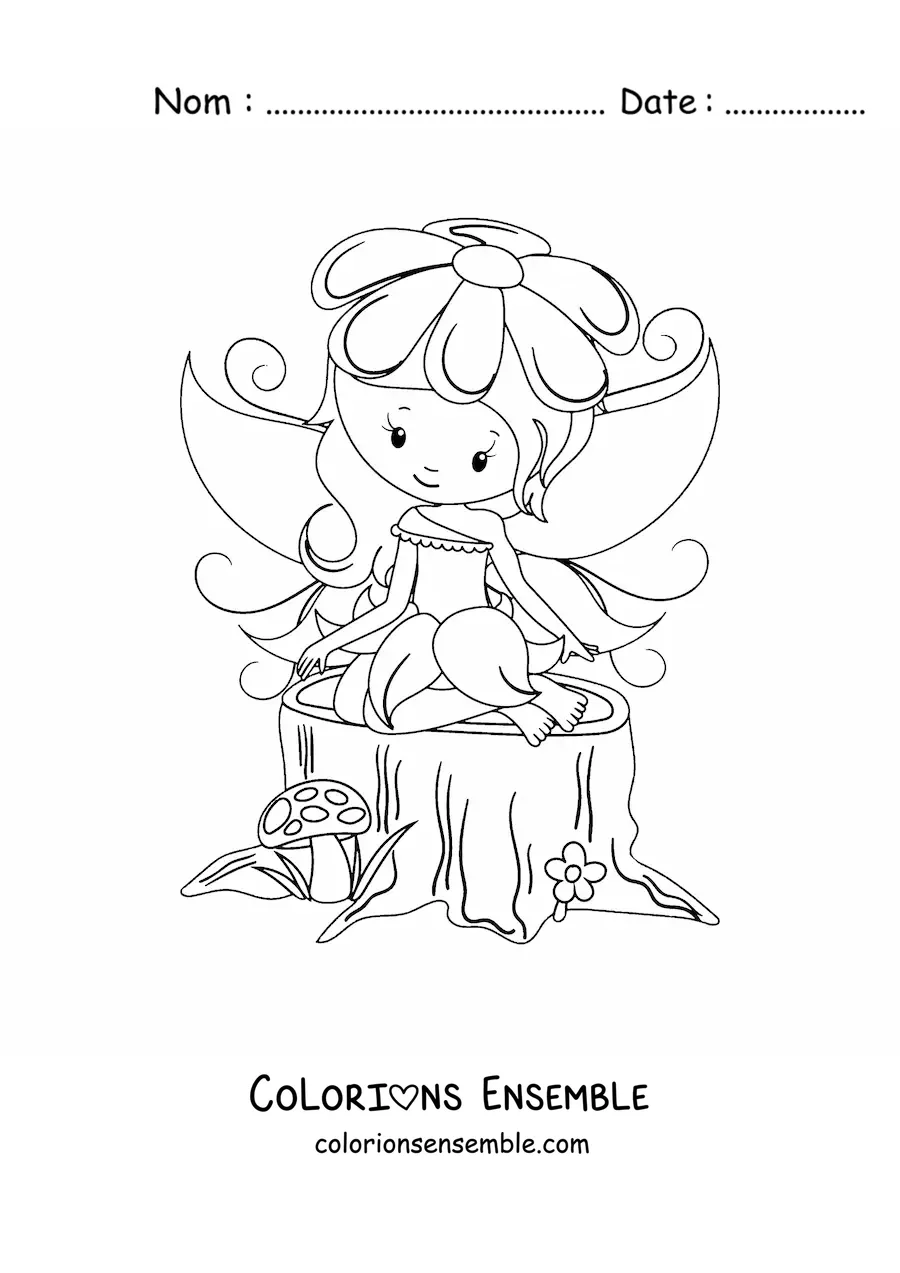 Image à colorier d’un bébé fée kawaii dans la forêt