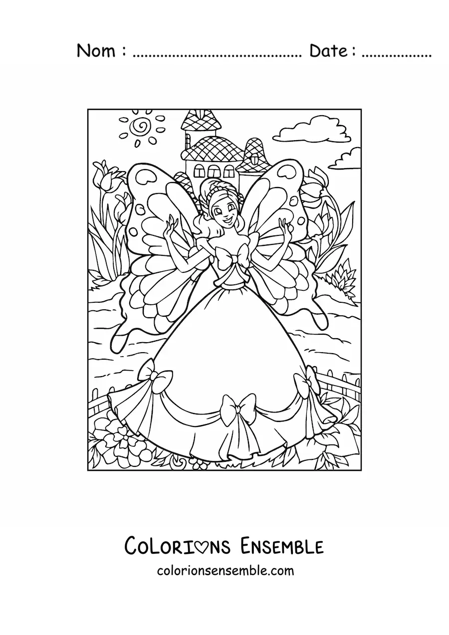 Image à colorier d’une princesse fée papillon dans un jardin magique