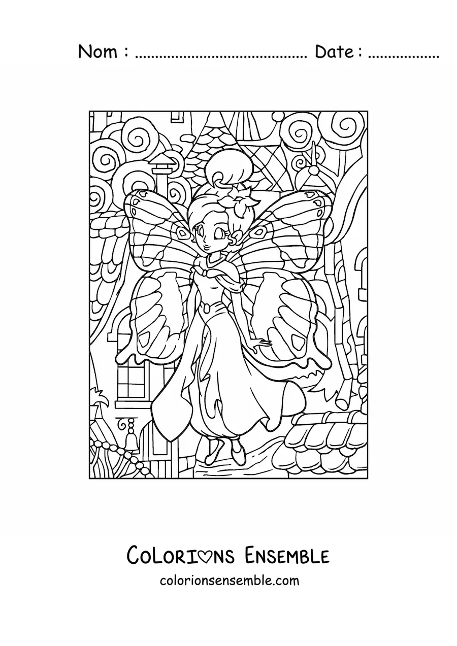 Image à colorier d’une belle fée papillon dans une forêt enchantée