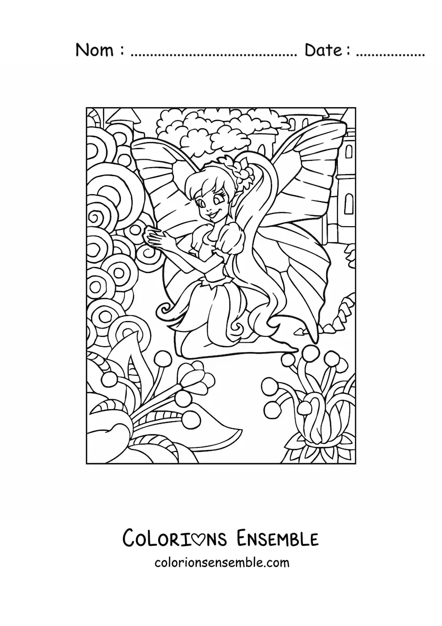 Image à colorier d’une fée papillon dans un jardin avec des fleurs