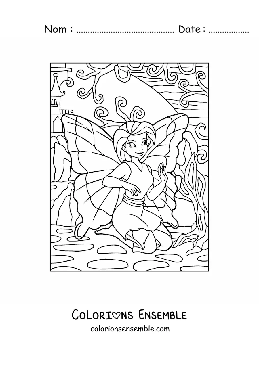 Image à colorier d’une belle fée papillon assise dans le jardin