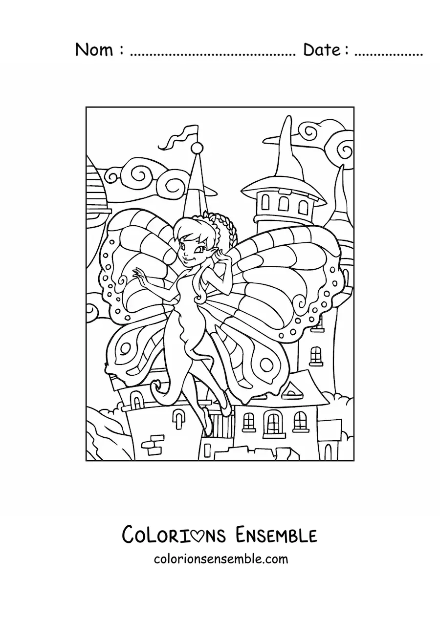 Image à colorier d’une belle fée papillon volant au château