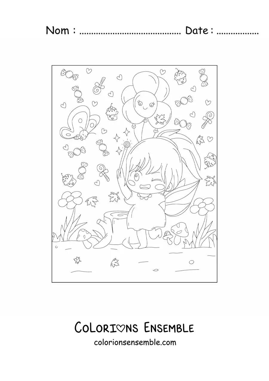 Image à colorier d’une fillette fée kawaii dans une forêt magique de style anime
