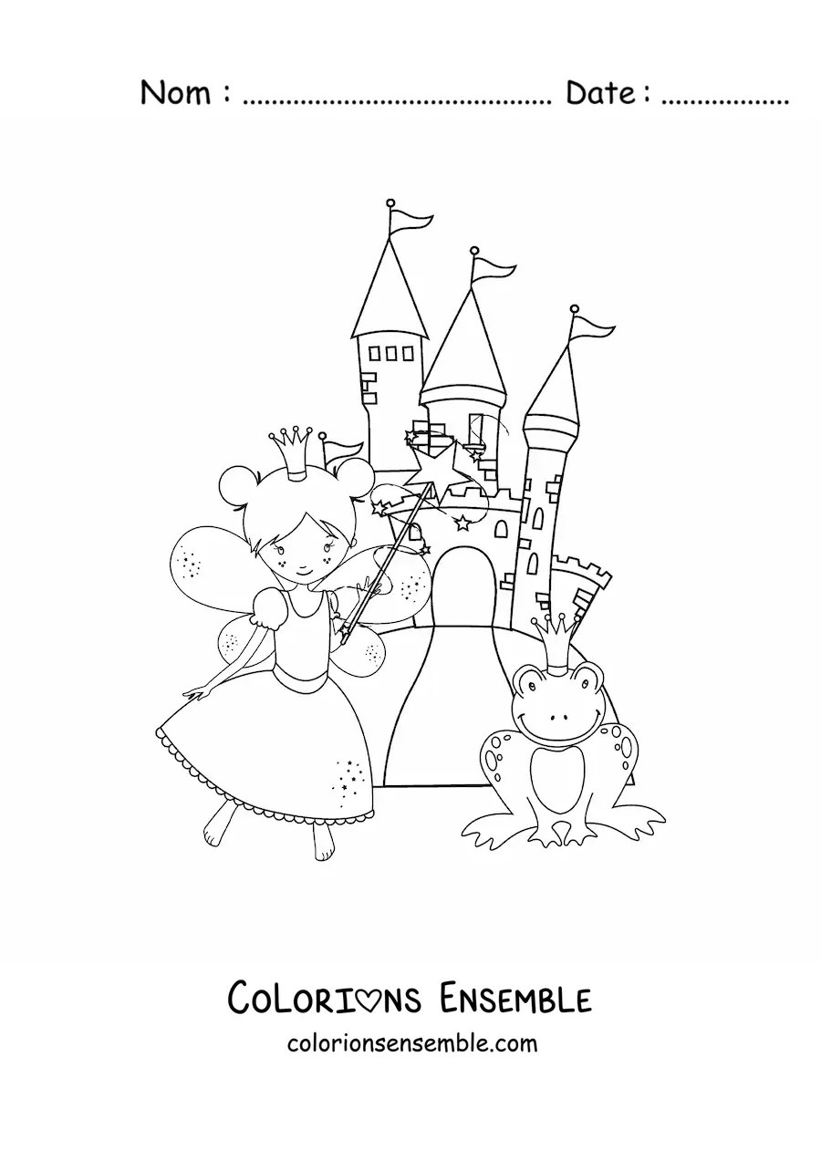 Image à colorier d’une fée marraine magique au château