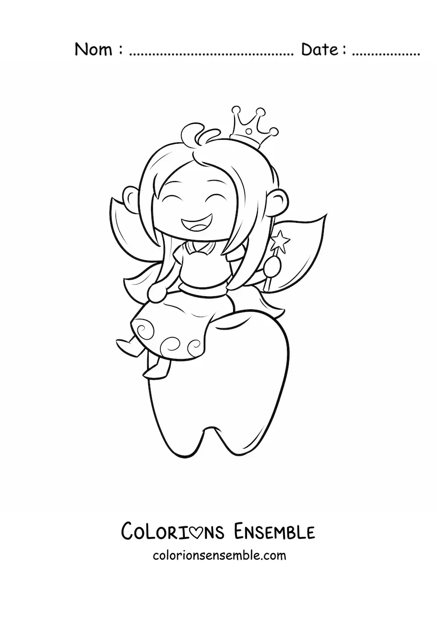 Image à colorier d’une fée des dents kawaii assise sur une dent