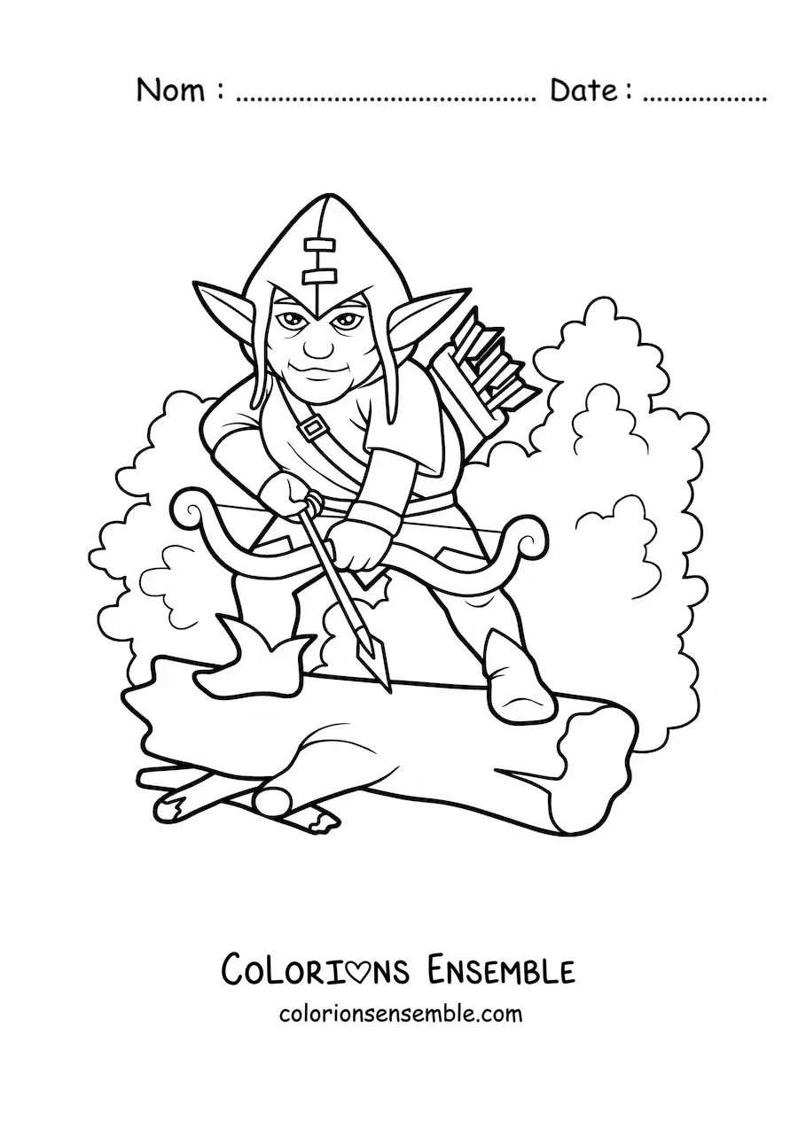 Image à colorier d’un lutin magique dans la forêt avec un arc et des flèches