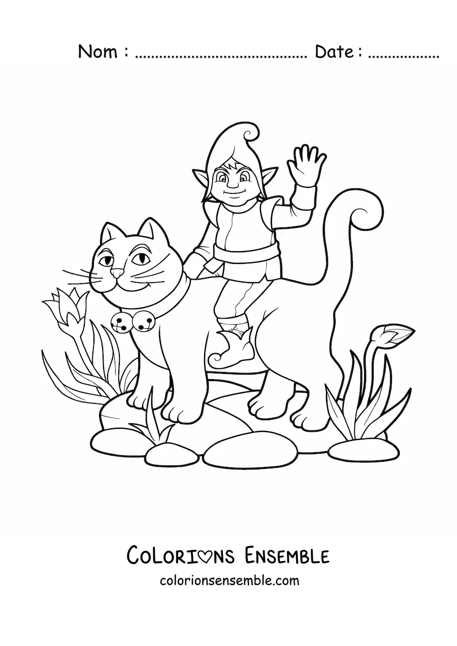 Image à colorier d’un lutin magique assis sur un chat