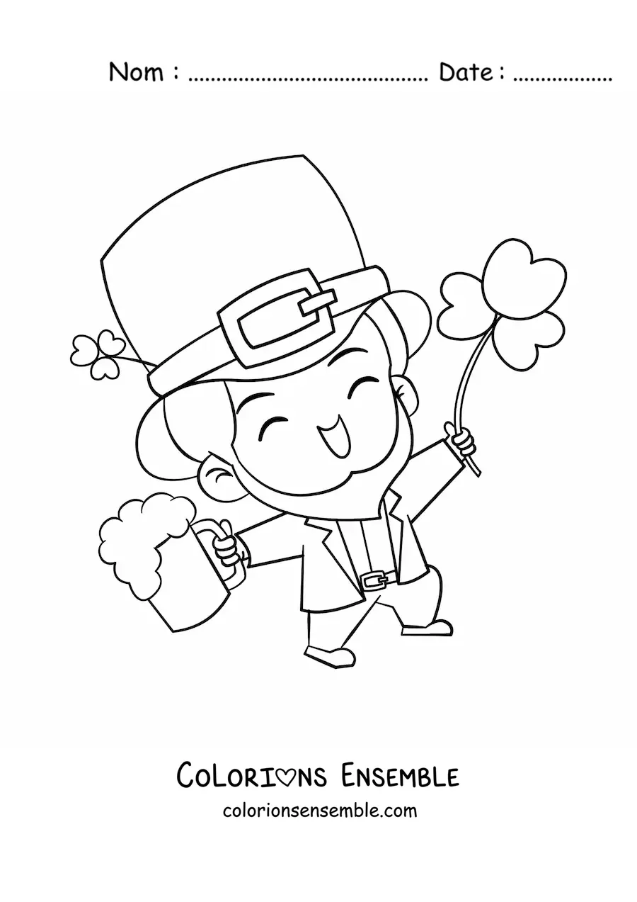 Image à colorier d’un lutin irlandais porte-bonheur avec un trèfle
