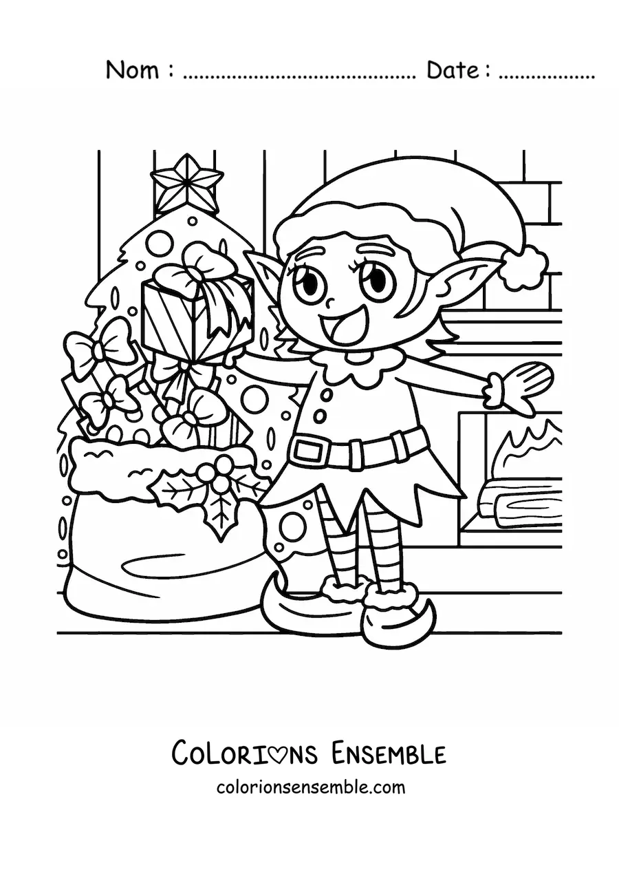 Image à colorier d’un lutin de Noël avec des cadeaux à côté du sapin