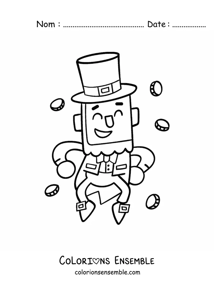 Image à colorier d’un leprechaun kawaii dansant avec de l’argent
