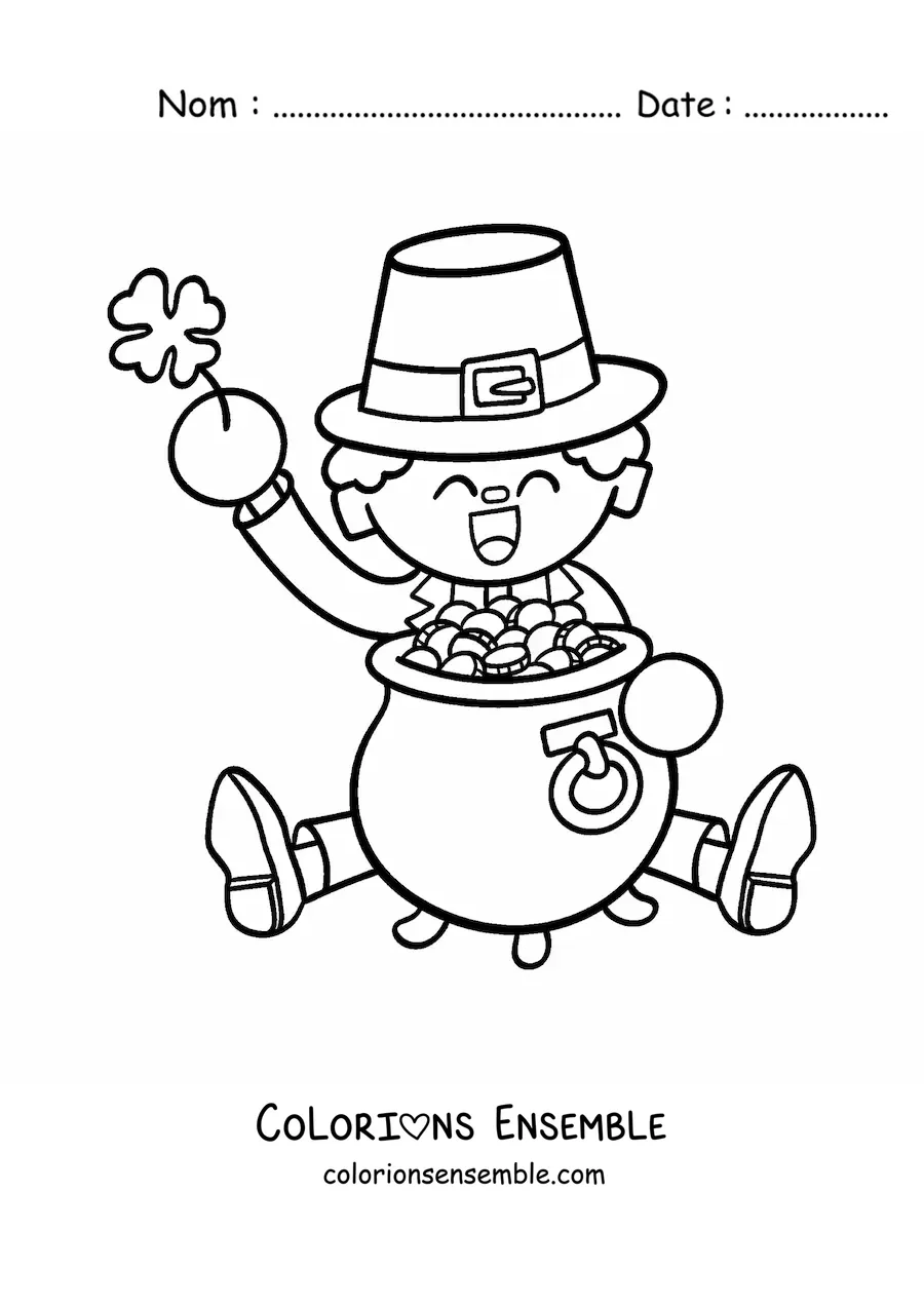 Image à colorier d’un lutin irlandais avec une marmite d’or