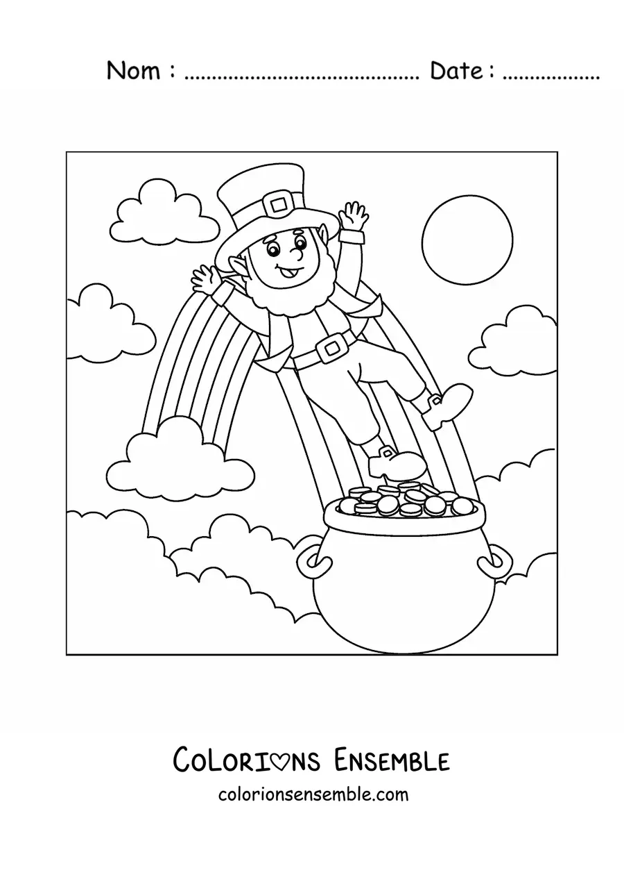 Image à colorier d’un lutin avec une marmite d’or au bout de l’arc-en-ciel