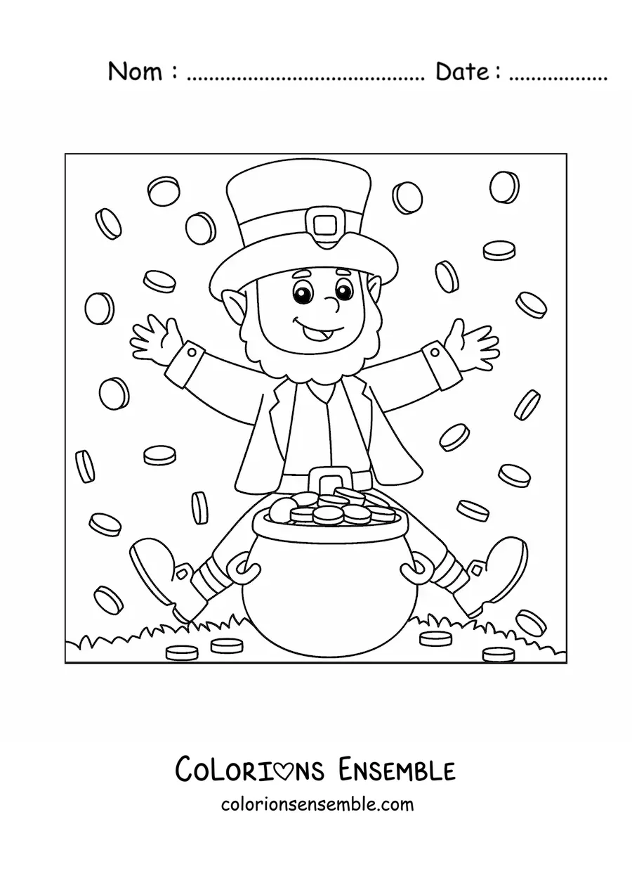 Image à colorier d’un lutin joyeux avec une marmite d’or