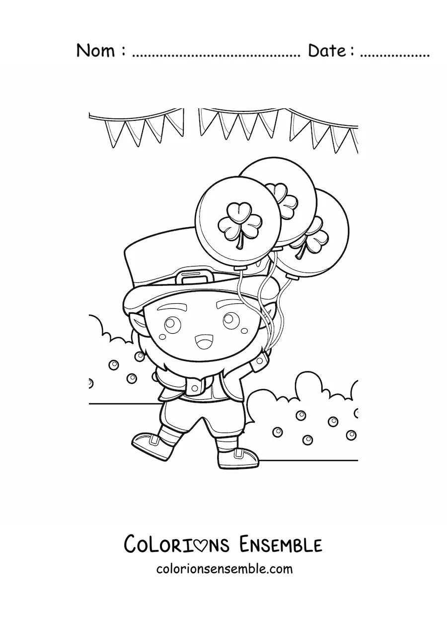 Image à colorier d’un lutin kawaii avec des ballons en forme de trèfle