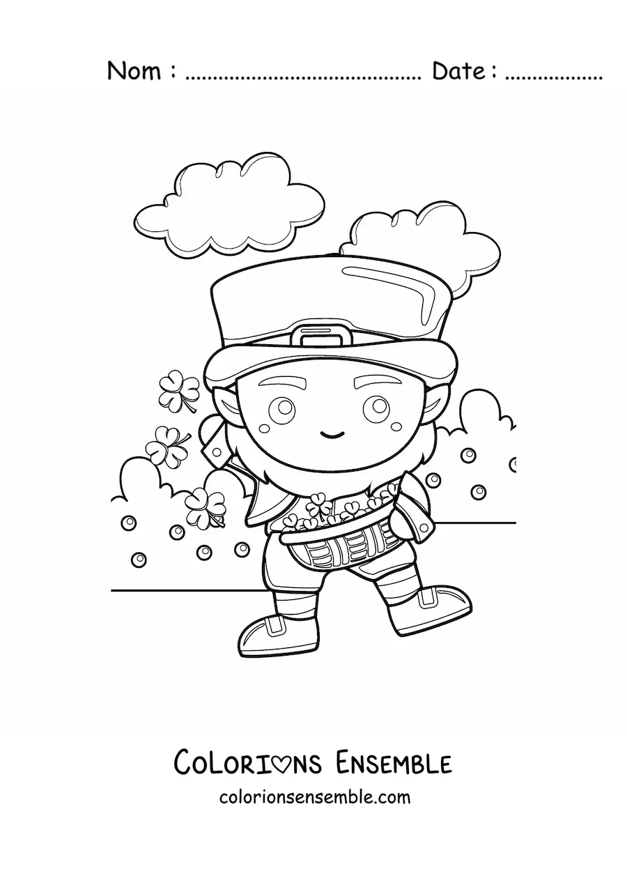 Image à colorier d’un lutin porte-bonheur kawaii avec des trèfles