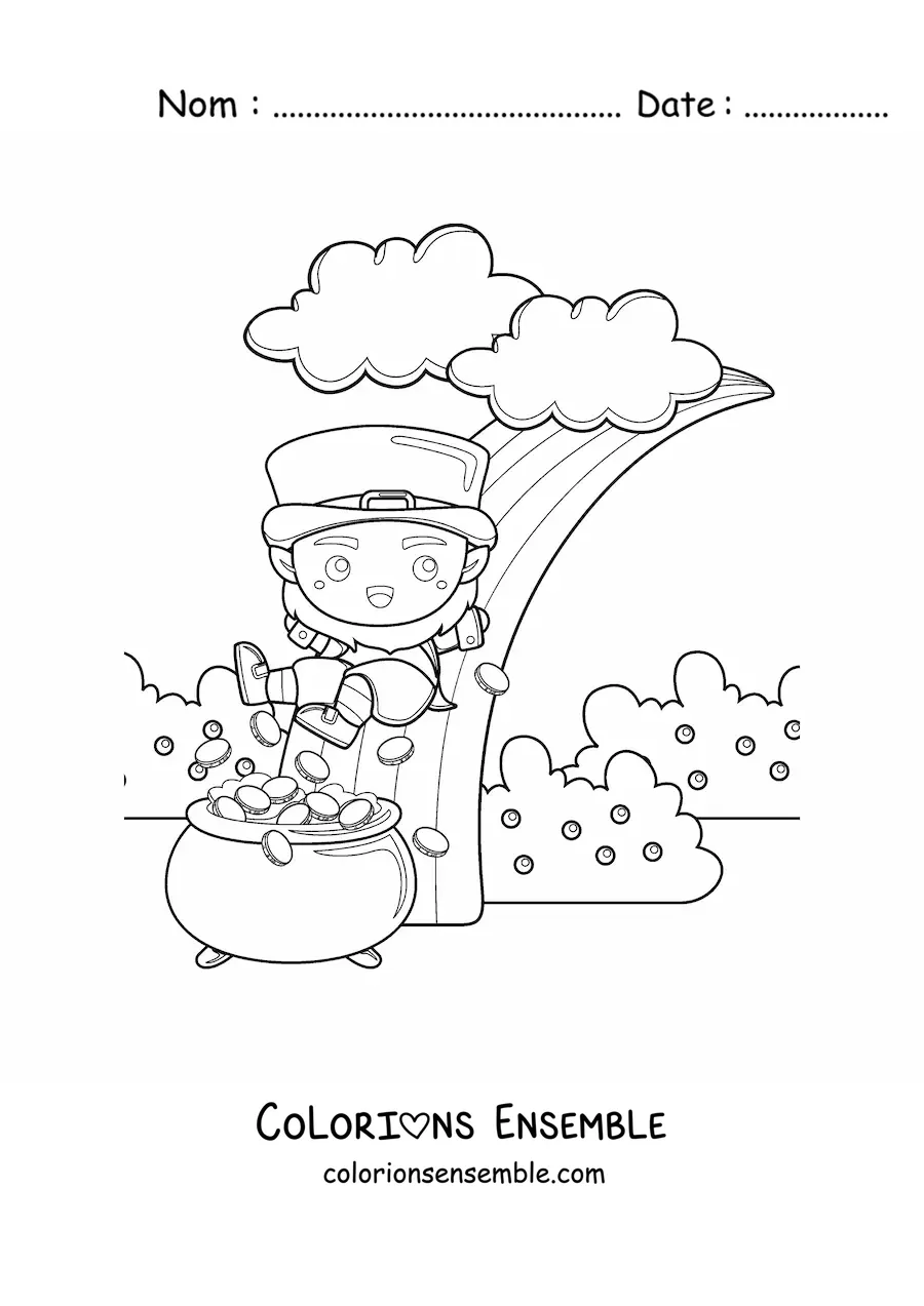 Image à colorier d’un lutin kawaii avec une marmite d’or au bout de l’arc-en-ciel