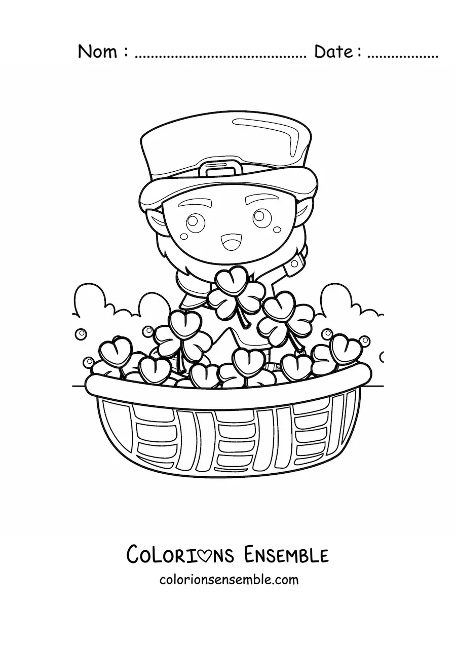 Image à colorier d’un lutin irlandais kawaii avec des trèfles
