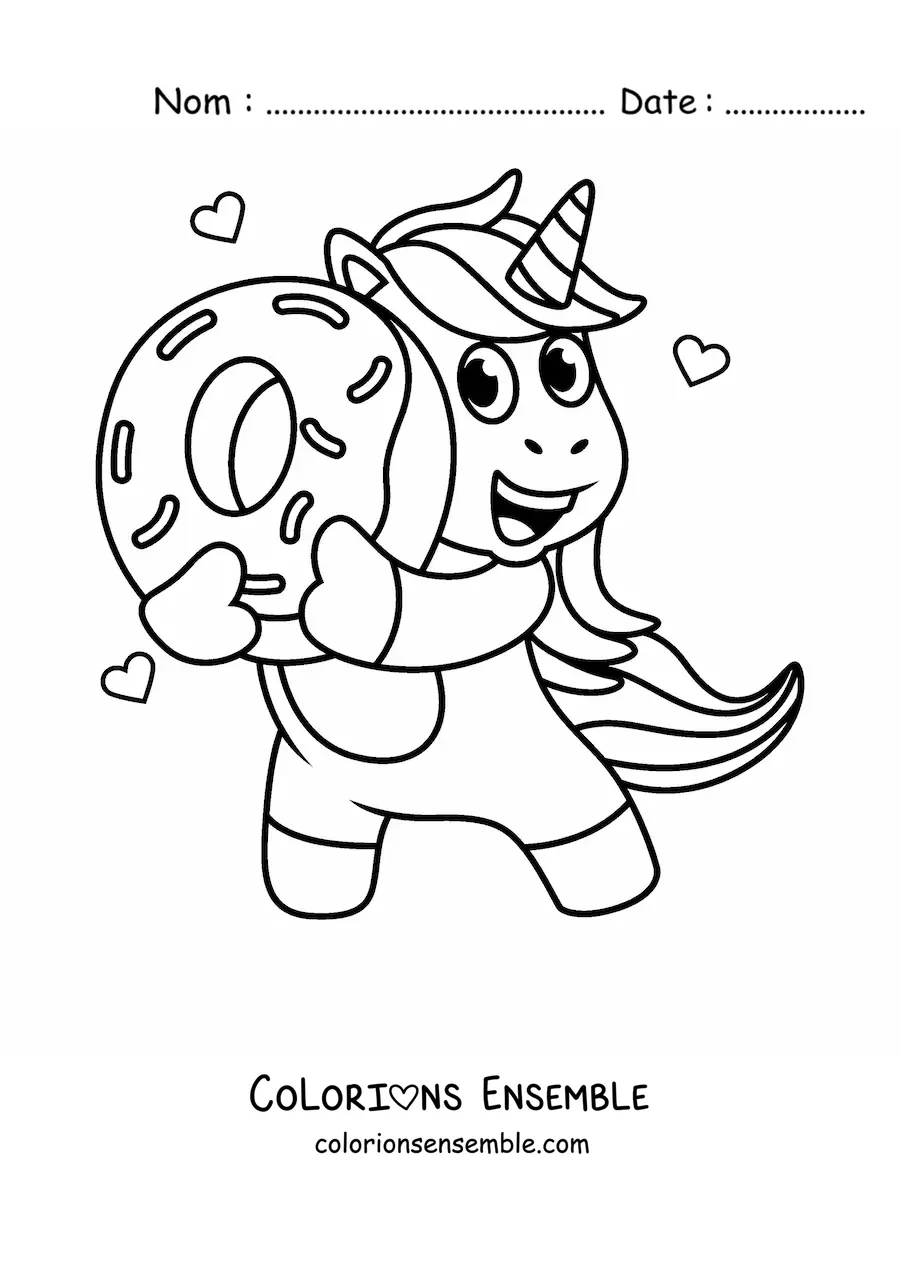 Image à colorier d'une licorne animée tenant un donut