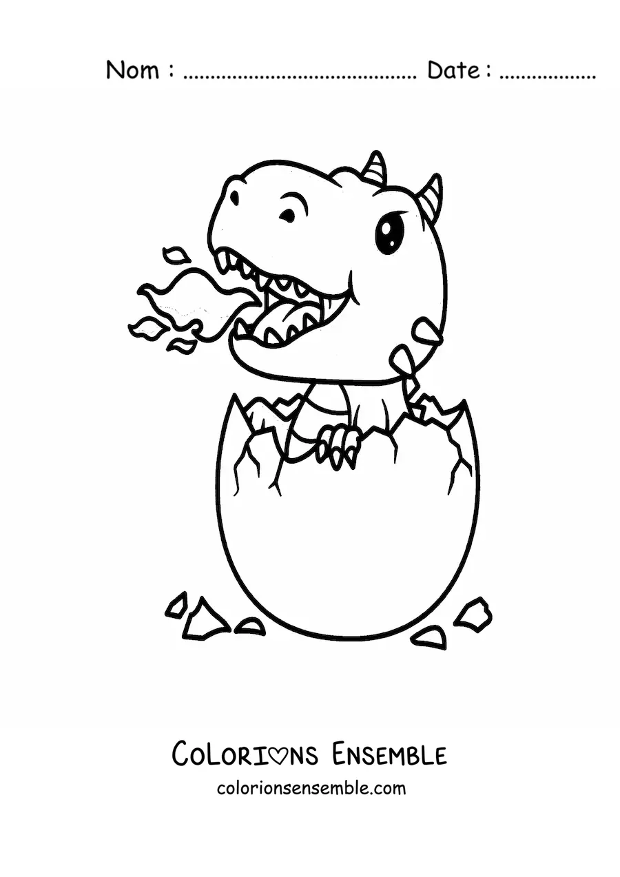 Image à colorier d’un œuf avec un bébé dragon kawaii qui crache du feu