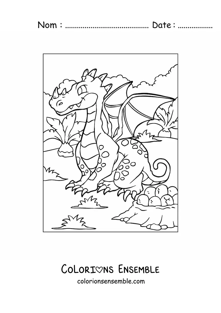 Image à colorier d’un dragon façon dessin animé assis à côté de ses œufs
